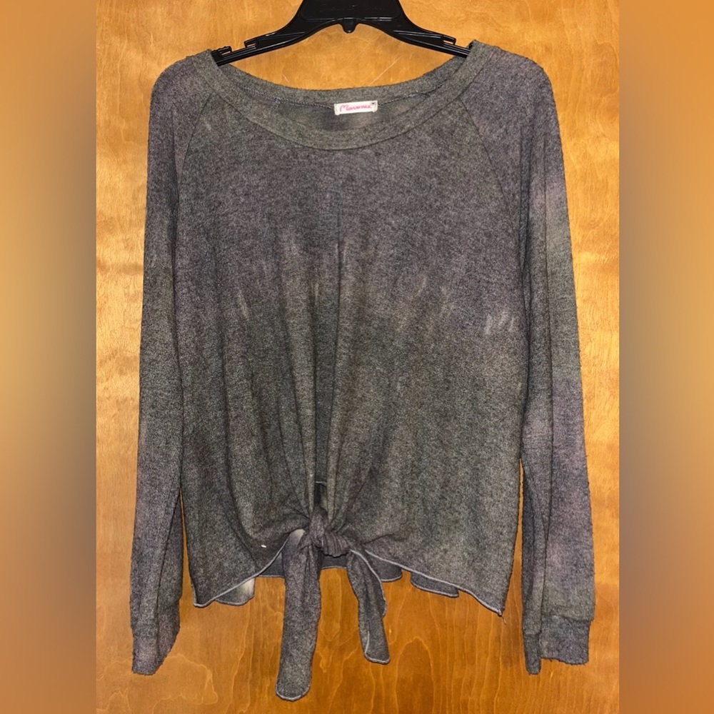 Gray Long Sleeve Tie-Front Sweater